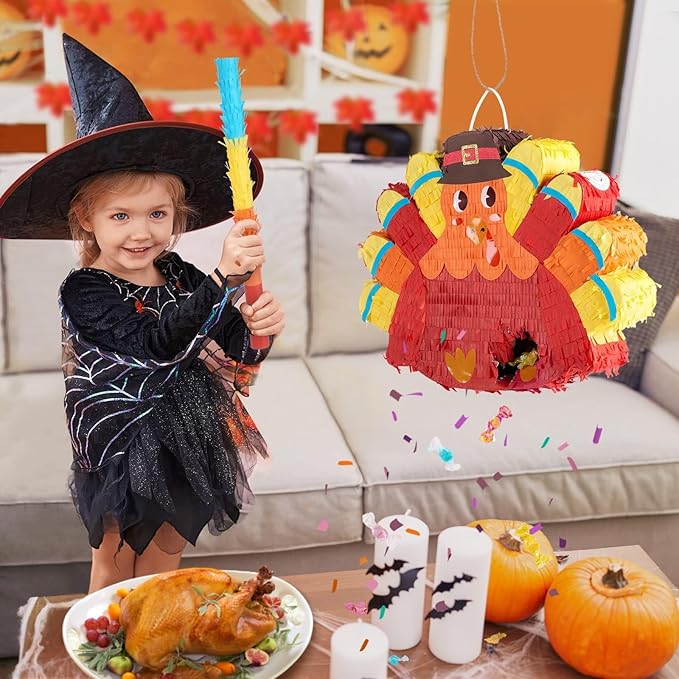 WERNNSAI Thanksgiving Turkey Pinata - Fall Decorations Red Turkey Pinata Thanksgiving Games for Kids Fall Festival Autumn Decor Carnival Party Supply with Blindfold