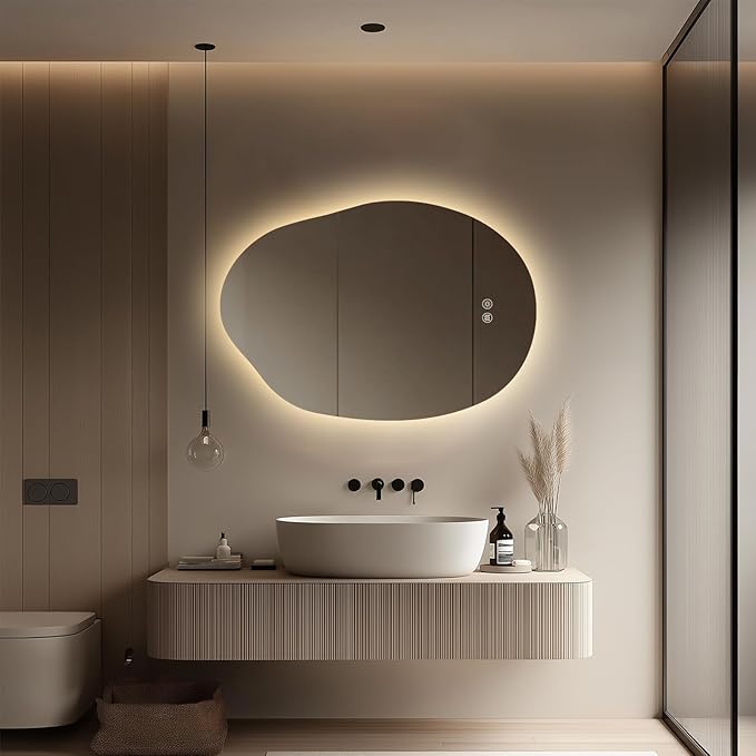 LED Light Bathroom Mirror 22x32, Stepless Dimmable Irregular Backlit Mirror with 3 Colors, Anti-Fog, Memory, Al-Alloy Lampshade, Frameless Makeup Mirror for Bathroom (Horizontal/Vertical)