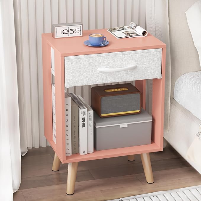 GYIIYUO Nightstands Set of 2 with Fabric Storage Drawer and Open Wood Shelf, Side Table with Storage for Bedroom, Bedside Tables - Pink