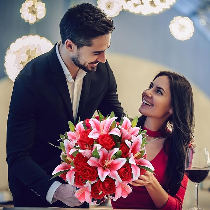 Hotop 20 Pcs Artificial Flowers Velvet Realistic Roses and Latex Lilies Flowers Bouquet Decorations Arrangements for Home Table Centerpieces Independence Day(Pink, Red)