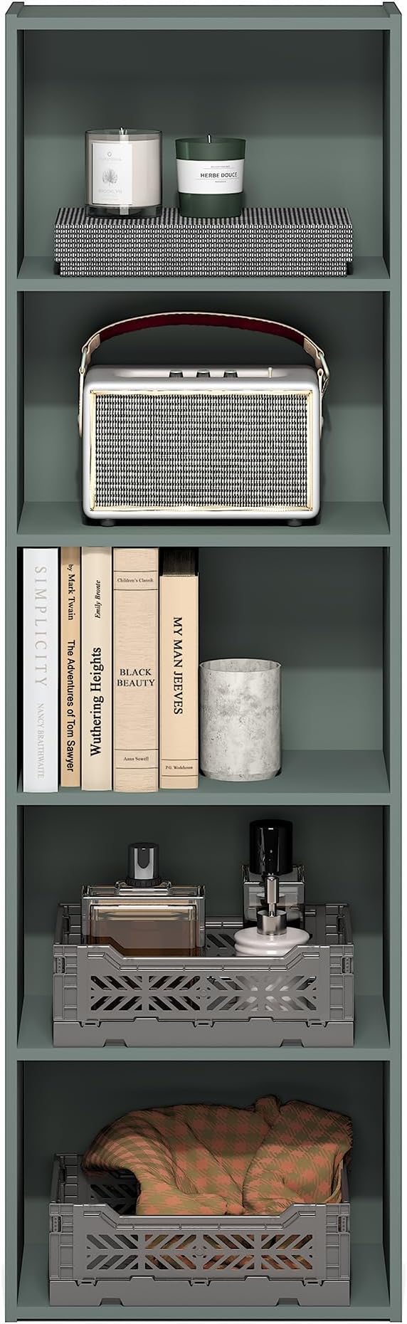 Furinno LUDER Book Shelf, 5-Tier Bookshelf, Bookcase, 9.4" x 15.8" x 52", for Living Room, Bedroom, Home Office, Sage Green