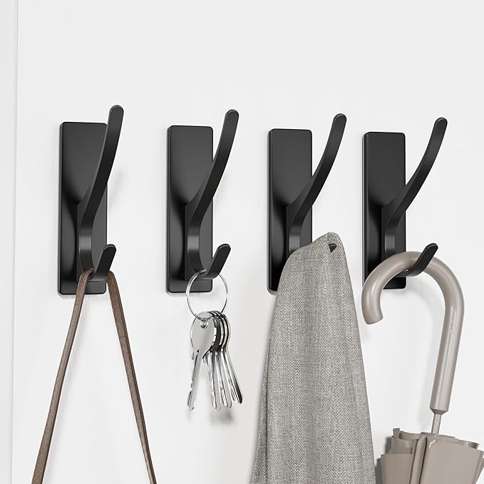 pickpiff Self Adhesive Coat Hooks for Hanging, Heavy Duty Stainless Double Wall Hook for Towel, Backpack, Hat, Sturdy Metal Hanger for Bathroom, Bedroom, Door, Wall Mounted, 10 Pack, Matt Black
