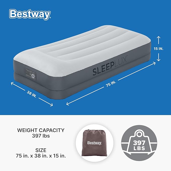SleepLux Twin Air Mattress Supersoft Snugable Top Extra Durable Tough Guard with Built-in Pillow Raised 15" Airbed with Built in Pump + USB Charger Twin 15", Small, Grey