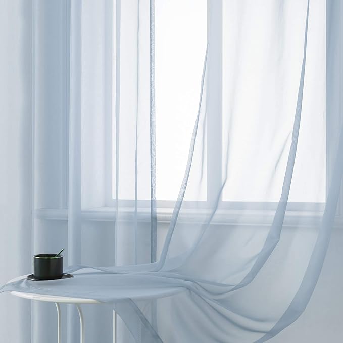 DUALIFE 54 Inches Long Dusty Blue Short Sheer Curtains for Nursery 2 Panels Grommet Small Windows Short Drapes Solid Blue Sheer Curtains for Bathroom Boys Bedroom 52 X 54 Inch Long