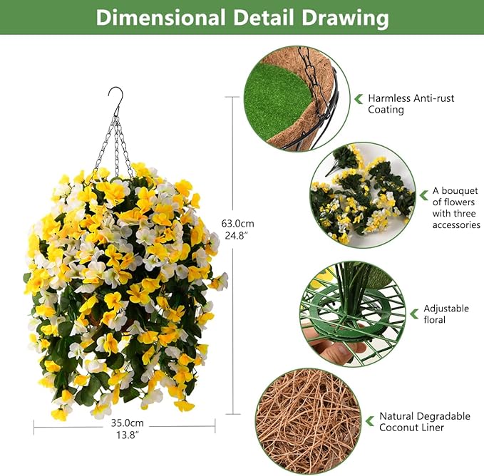INQCMY Artificial Hanging Flowers Basket for Outdoor Outside Spring Decoration,Faux Silk Begonia in Planter Look Real UV Resistant for Porch Home Patio Garden Yard Decor