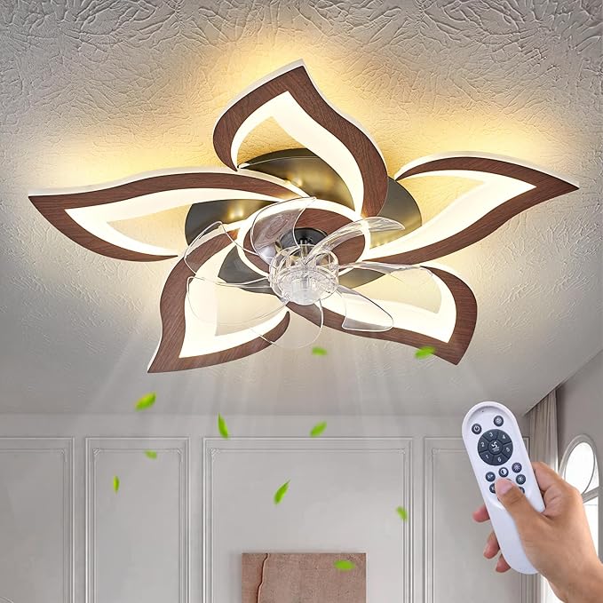 Ceiling Fan with Lights Remote Control, Wooden Geometric Color 6 Speeds Low Profile Flush Mount Ceiling Fan with Light for Kitchen Bedroom Living Room