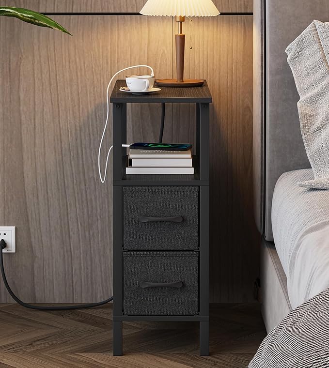 2 Set Narrow Side Table for Small Spaces, Skinny End Table with Charging Station, Sofa Beside Table with 2 Fabric Drawers and 1 Open Compartment, Slim Nightstand with USB Ports Outlet, Black UTBT004B