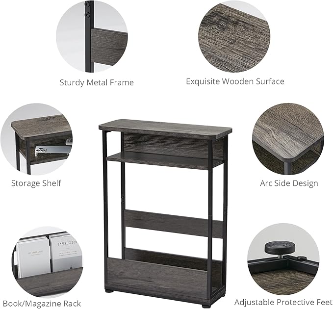 Narrow Side Table,3-Tier Slim End Table with Storage Shelf,Modern Sofa Table Thin Side Table for Narrow and Small Spaces, Skinny Bedside Table Small Nightstand with Magazine Rack Space Saving/Grey