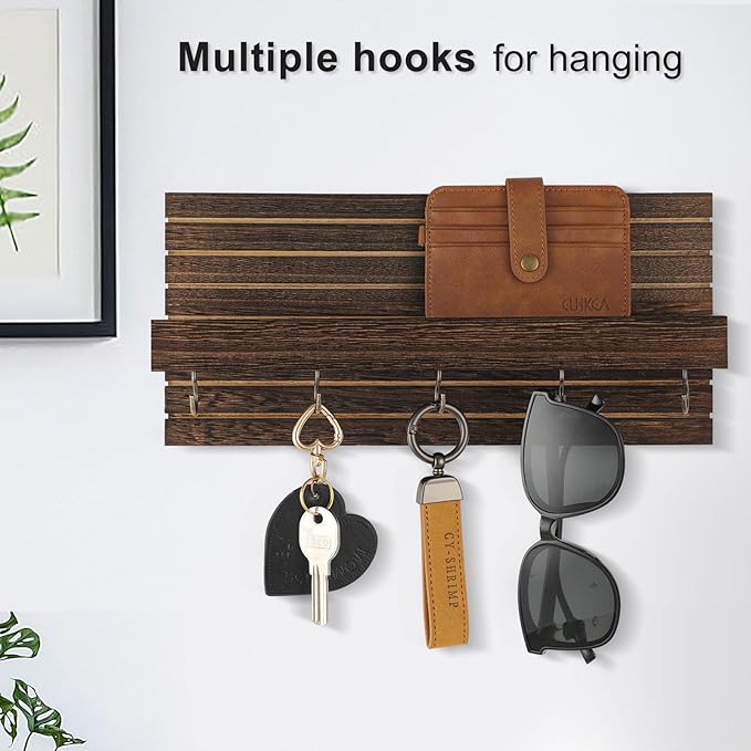Decorative Key Holder for Wall with Shelf, Entryway Shelf with Hooks Holds Leashes, Jackets and Glasses – Sturdy Wood Keyholder Entrance Hanger with Mounting Hardware (Brown, Medium)