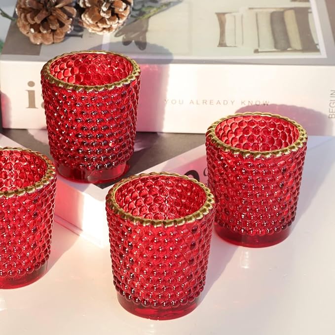 WOHO 24pc Red Votive Candle Holders for Table Centerpiece, Tealight Candle Holder Bulk with Gold Rim, Glass Tea Lights Candle Holder for Christmas, Valentine’s Day Decor