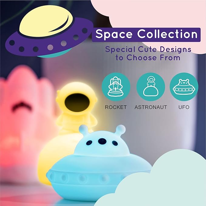 Lumipets Junior Astronaut Night Light, Soft Silicone Material, 8 Soothing Colors, Cordless, Easy Control, Portable
