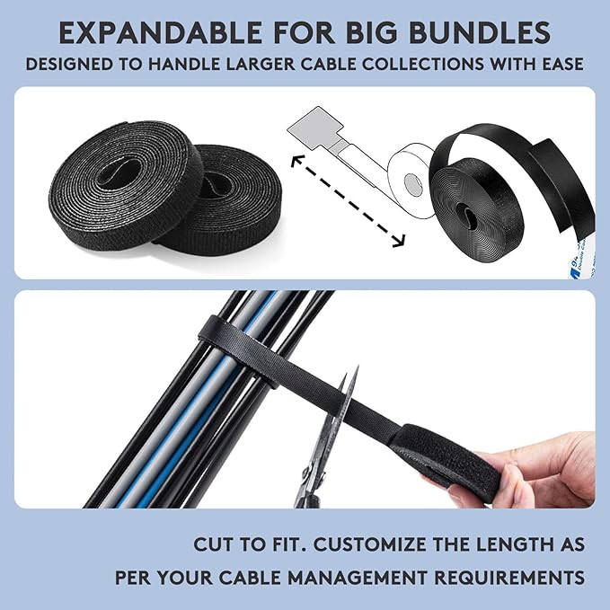 Adhesive Under Desk Cable Management Kit - 45 PCS Sticky Back Velcro Ties + 2 Rolls Extension Straps for No Drill Cord Organization, Home Office (Black)