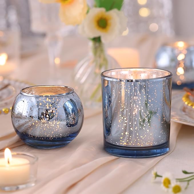 10 Pcs Assorted Blue Votive Candle Holders, Larger Size Mercury Glass Candle Holder, Blue Tea Light Candle Holders for Wedding Decorations, Centerpieces for Tables, Baby Shower