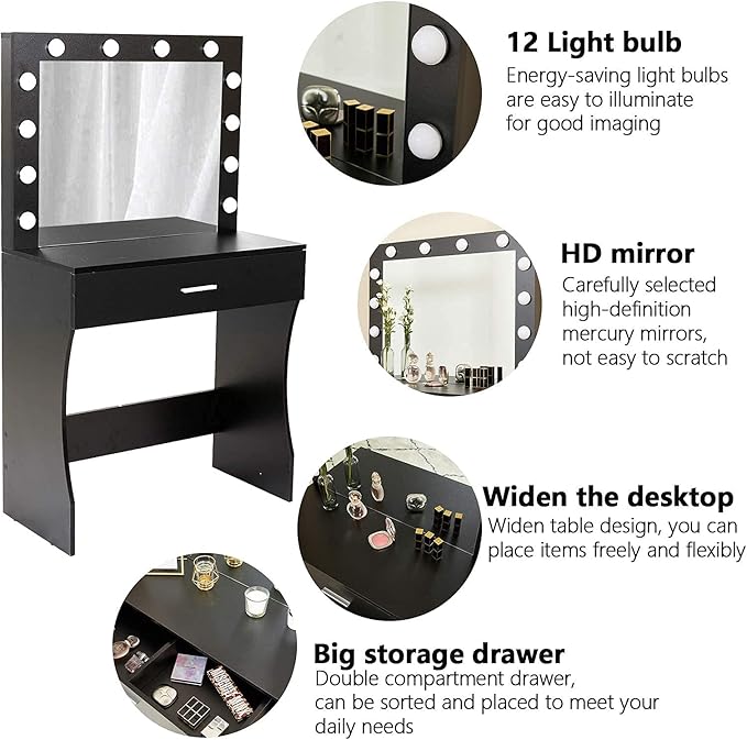 Vanity Desk, Makeup Vanity with Mirror and Lights, Adjustable Brightness and Sturdy Wood Vanity Large Drawer, 31.5in, Black