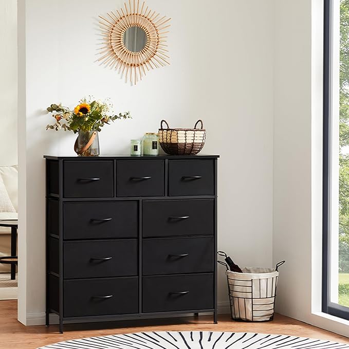 Sweetcrispy Dresser for Bedroom with 9 Storage Drawers, Tall Large Fabric Storage Tower Organizer, Chest of Drawers with Metal Frame Wooden Top for Nursery, Closet, Living Room, Entryway, Black