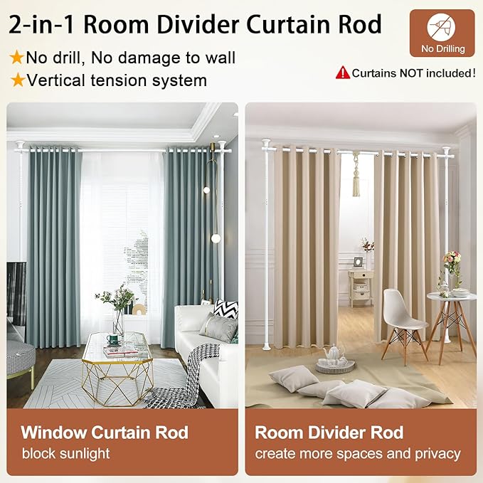 Room Divider, No Drilling Curtain Rod for Room Separation, 4-10ft (H) 28-70inch(W) Adjustable Heavy Duty Floor to Ceiling Partitions, Portable Hanging Wall Dividers Space Separator Window Rods White