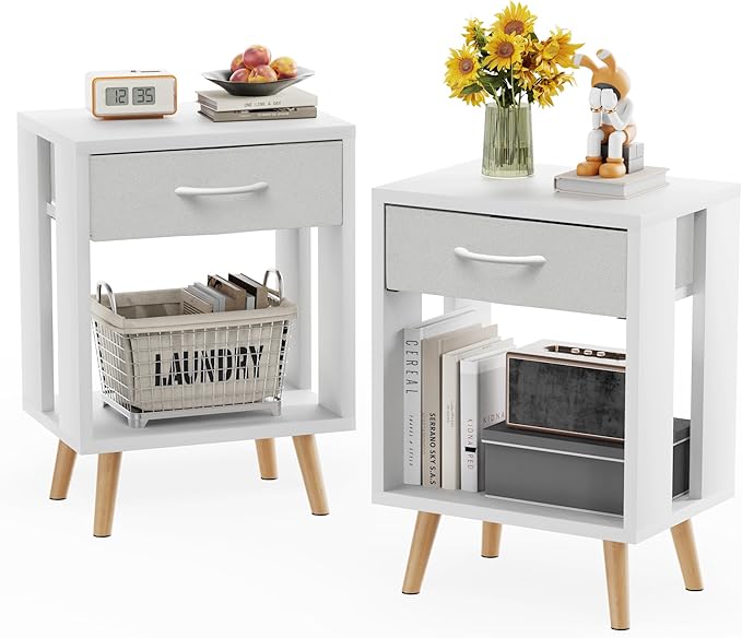GYIIYUO Nightstands Set of 2 with Fabric Storage Drawer and Open Wood Shelf, Side Table with Storage for Bedroom, Night Stand with Drawer for Bedroom, Bedside Tables - White 24" H