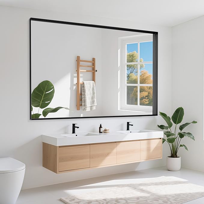Suidia Bathroom Mirror, 60" x 40" Wall Mirror Metal Framed, Bathroom Vanity Mirror for Living Room Bedroom Bathroom Entryway, Black, Rect Corner Style