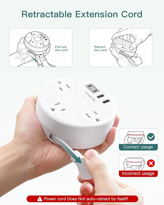 Addtam Travel Esstentials - Cruise Approved Power Strip with 5ft Retractable Cord, Ultra Thin Flat Plug, 3 Outlets 4 USB (2 USB C), Non Surge Protector for Travel/Cruise/Home/Dorm/Office, ETL Listed