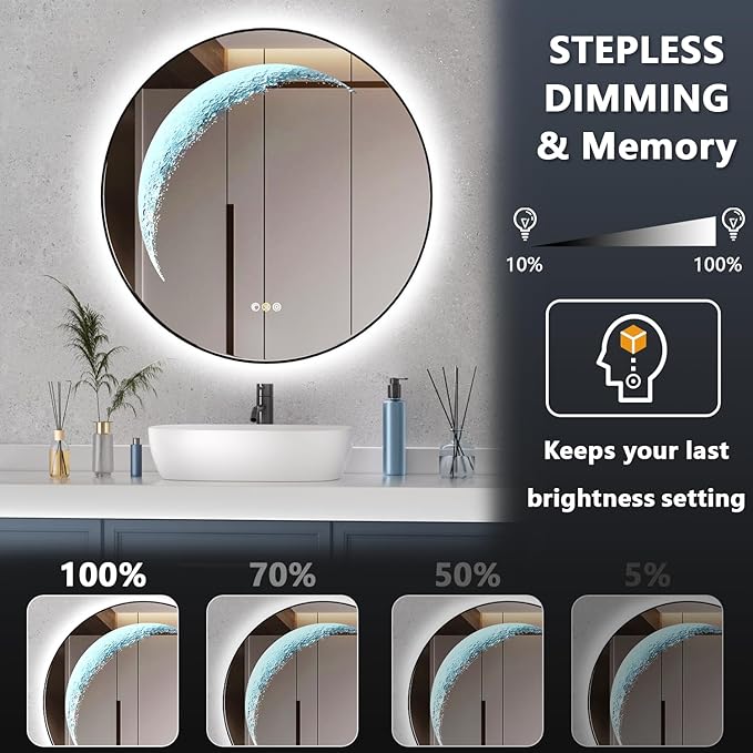 24'' Round Bathroom Mirror with Light, Black Circle Mirror with Backlit & Half Moon Light, Anti-Fog, Dimming Wall-Mounted LED Vanity Mirrors for Bathroom, Home Decor, Entryway