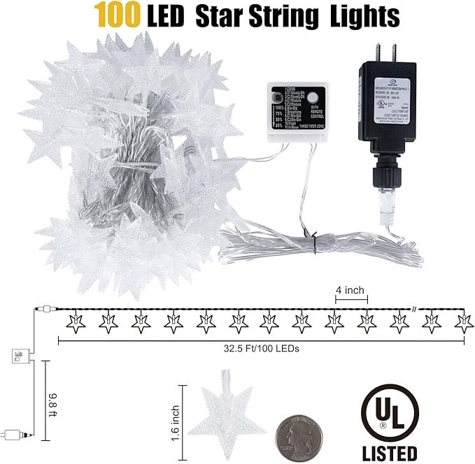 Star String Lights Plug in - 33 ft 100 LED Star Fairy String Lights with Remote and Timer, Waterproof for Bedroom Porch Wedding Party Patio Garden Tent Indoor Outdoor Décor, Warm White