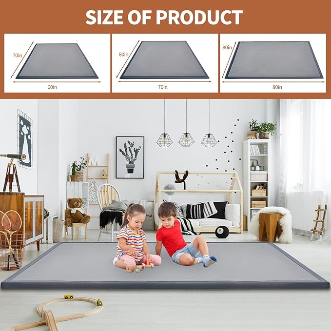 Baby Play Mat for Floor - 1.4" Thick Memory Foam Rug, 70"x59" Playpen Tummy Time Mat, Soft Velvet Nursery Rug, Large Padded Crawling Mats, Cushioned Pads for Playroom Toddlers, Infants, Yoga, Tatami