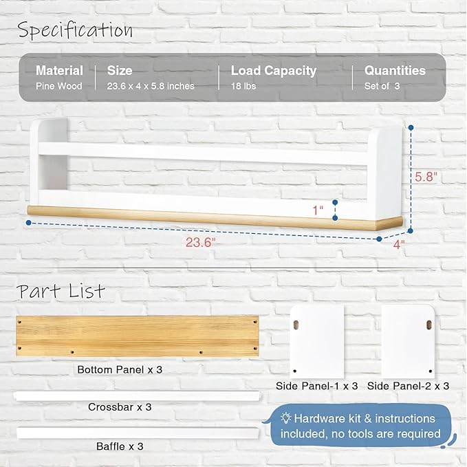 Nursery Floating Book Shelves for Wall, 24 Inch Long Wall Bookshelf for Kids Room, White and Natural Wood Baby Toddler Child Hanging Bookshelves for Kids Bathroom Bedroom (Upgraded Set of 3)