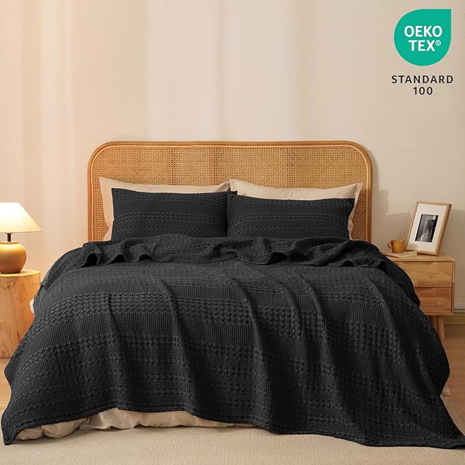 PHF 100% Cotton Waffle Weave Blanket King Size for Bed, Soft Lightweight & Breathable, All-Season Comfort, Luxury Aesthetic Woven Bedding for Home Decor, 108"x90", Black