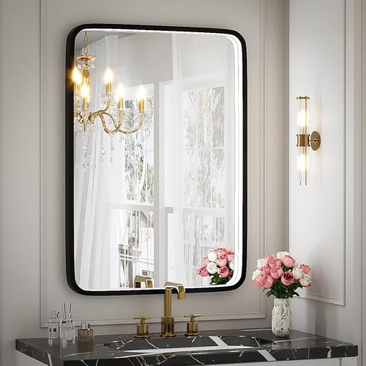 20X28 Inch LED Bathroom Mirror with Lights,Wall Mounted Lighted Mirrors with Non-Rusting Black Metal Frame Anti-Fog Memory Funtion Stepless Dimmable,6000K(Horizontal&Vertical)
