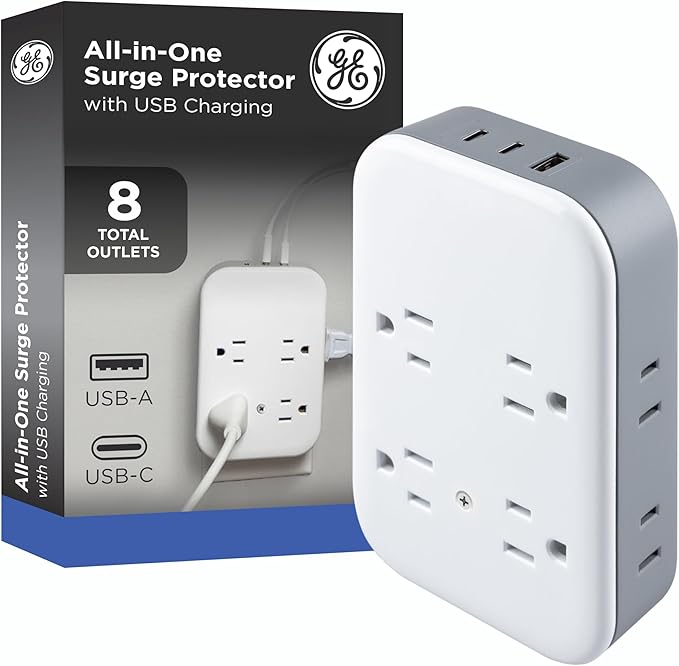 GE All-in-One Surge Protector Wall Tap, 8 Outlets (4 Grounded + 4 Polarized), 2 USB-C & 1 USB-A, 15W Shared, 1140J, Circuit Breaker, ETL Certified, White/Gray, 85633