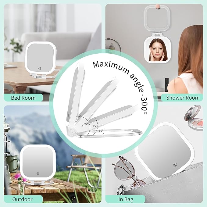 FASCINATE 20X Magnification Rechargeable Travel Makeup Mirror, 7" Lighted Portable Vanity Mirror with 3 Colors Lighting & Stepless Dimming, Double Sided LED Mirror, Gift for Women (White)