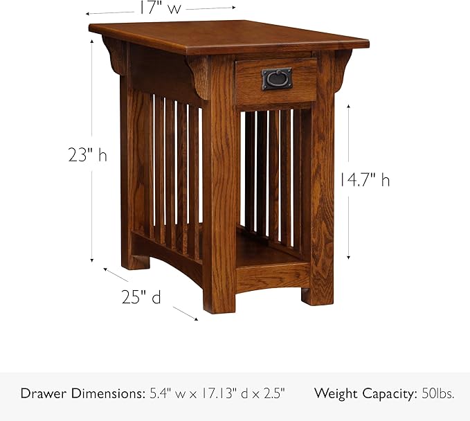Leick Home Mission Impeccable End Table, Solid Wood Side Table with Drawer & Shelf, Slatted Sides, Blackened Hardware, Easy Assembly, Medium Oak Finish, 17 in L x 25 in W x 23 in H, 8206
