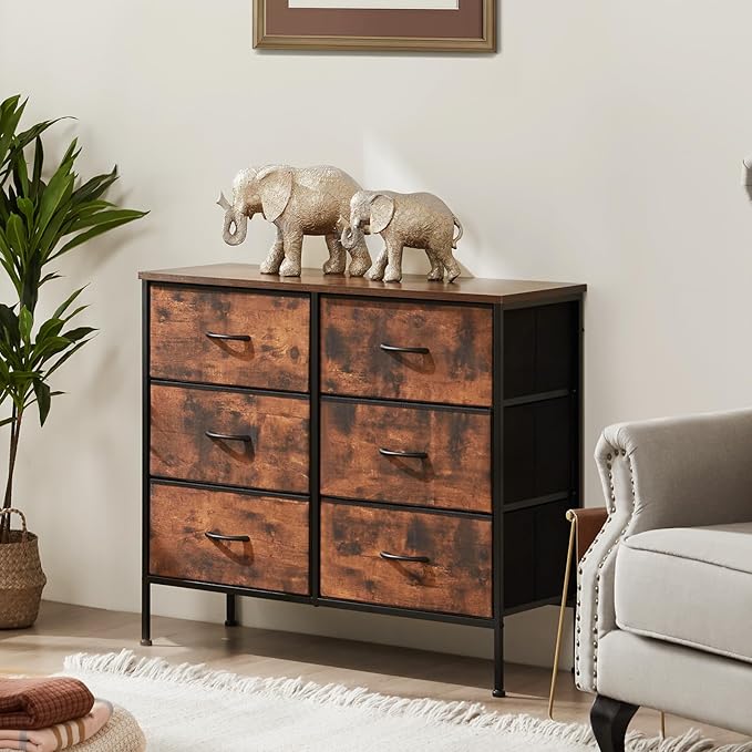 DUMOS TV Stand for Living Room, Dresser for Bedroom Chest of Dresser with 6 Fabric Drawers Storage Organizers Units, Nightstand for Bed