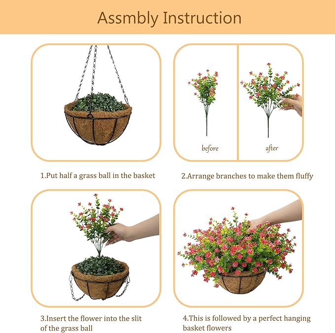 Artificial Hanging Flowers Basket for Outdoor, 16 Fake Flowers Look Real UV Resistant, Faux Hanging Plants for Porch, Balcony, Patio, Garden, Spring Summer Decor,Red