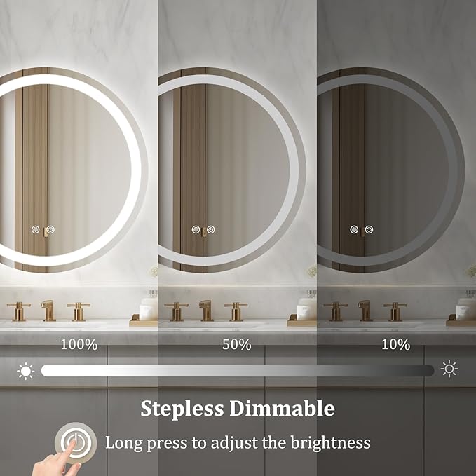 WallBeyond LED Bathroom Mirror with Lights, 24'' Round Light Up Bathroom Mirror for Wall with Front and Backlit, Anti Fog Led Mirror for Bathroom, 3 Colors and Dimmable Light