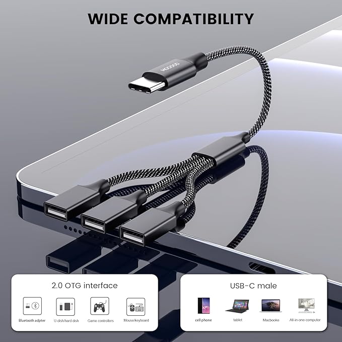 USB C Male to Three USB Female Cable Adapter,Type C to 3 Type A 2.0 Port Splitter Dongle Cord Converter Connector Multiple Multi Hub for MacBook,iPad Pro Air,Microsoft Surface Go,PC,Laptop