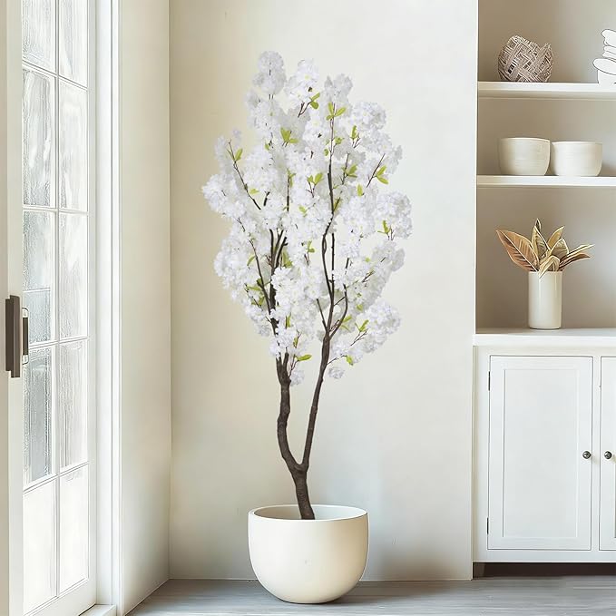 Faux White Cherry Blossom Tree 6.5ft(84in)Tall Artificial Plant Indoor Decor Handmade Natural Fake White Flower Tree for Wedding Realistic Cherry Plant in Pot for Home Living Room,Office Decor.