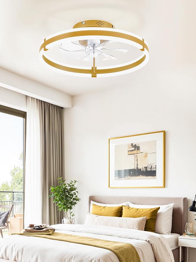 ZMISHIBO Ceiling Fans with Lights and Remote, 19.7'' Low Profile Ceiling Fan, 3000-6000K Dimmable Modern Flush Mount LED Fan Light, 6 Wind Speeds, Gold Fandelier Ceiling Fans for Bedroom