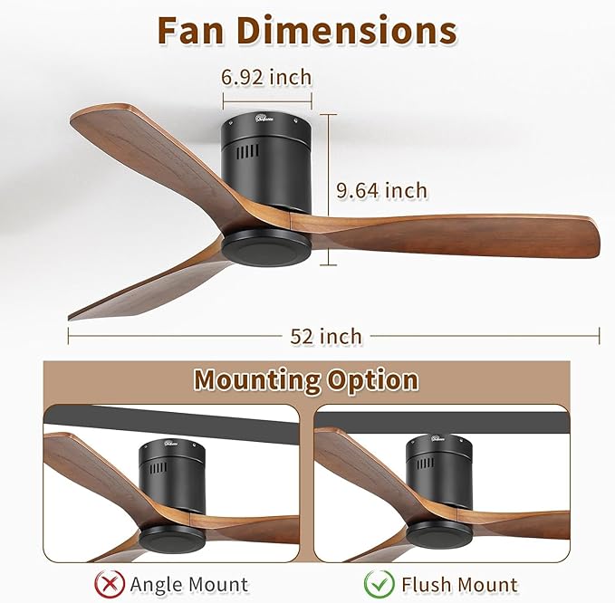 Sofucor Ceiling Fan No Light, 52 Inch Flush Mount Ceiling Fan With Remote Control, Indoor/Outdoor Ceiling Fans Without Lights, Reversible DC Motor, 3 Blade Solid Wood Ceiling Fans for Bedroom Patio