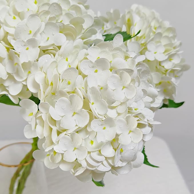 Real Touch White Hydrangea Artificial Flowers with Stems, Fake Silk Flowers for Outdoors, 3 Pcs Artificial Flowers for Home Decor Wedding Bouquets Centerpieces Vase