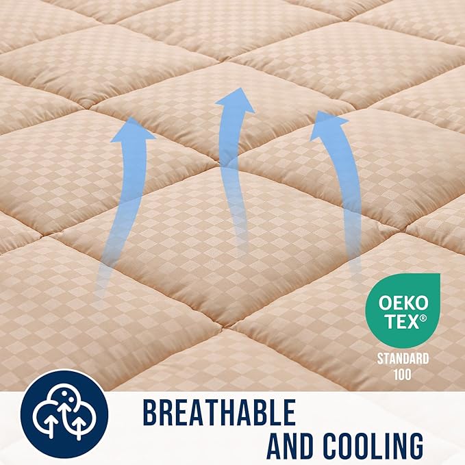 OLANLY Queen Quilted Fitted Mattress Pad – Soft Pillow Top Mattress Topper, Down Alternative Fill, Cooling Comfort Breathable Mattress Cover, Machine Washable Deep Pocket Mattress Protector, Beige