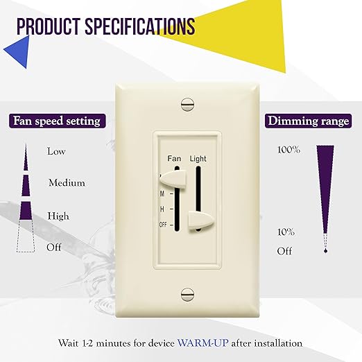 ENERLITES 3 Speed Ceiling Fan Control and LED Dimmer Light Switch, Light and Fan Combination Switch, Single Pole, 2.5A, 300W Incandescent, No Neutral Wire Required, 17001-F3-LA-F, Light Almond