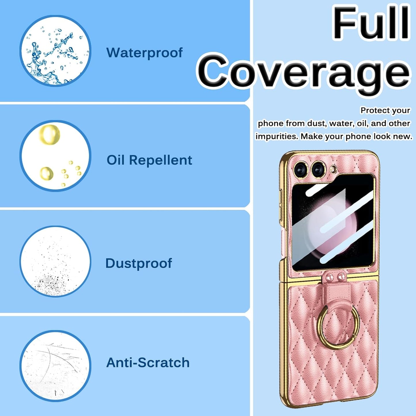 Miimall Leather Case with Ring for Samsung Z Flip 5 5G, Pink, Back Screen Protector + Metal Ring Holder Kickstand