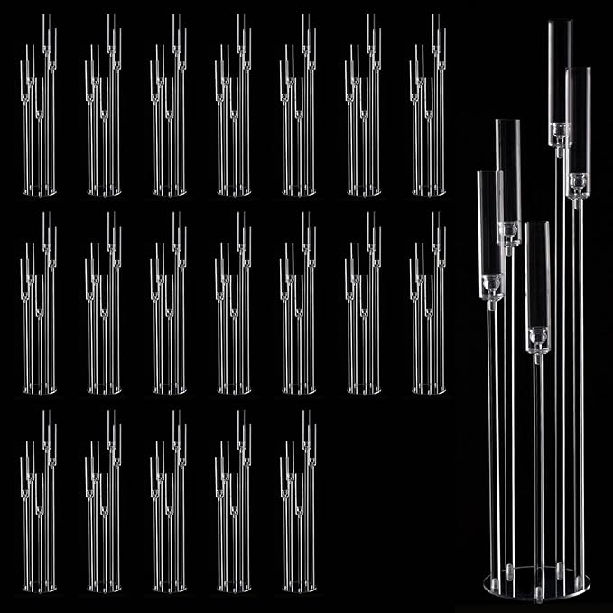 20pcs 5 Arm Candelabra Acrylic Floor Candelabra for Wedding,45.7inch Tall Clear Candle Holders for Ceremony Birthday Party Home Decoration Fit 0.8 LED Candles