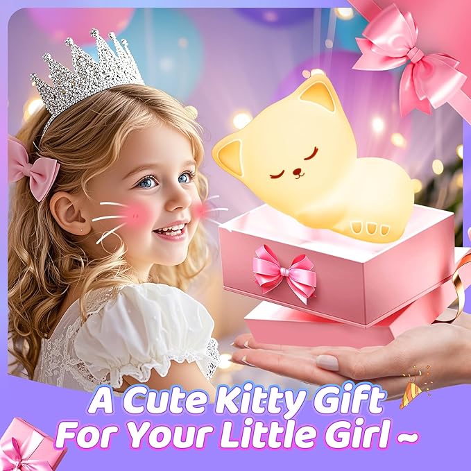 Mubarek Night Light for Kids,16Colors Cat Night Light for Kids Cute Lamp,Dimmable Toddler NightLight for Girls,Soft Silicone Nightlight for Baby Room, Rechargeable Cute Lamp Big Size