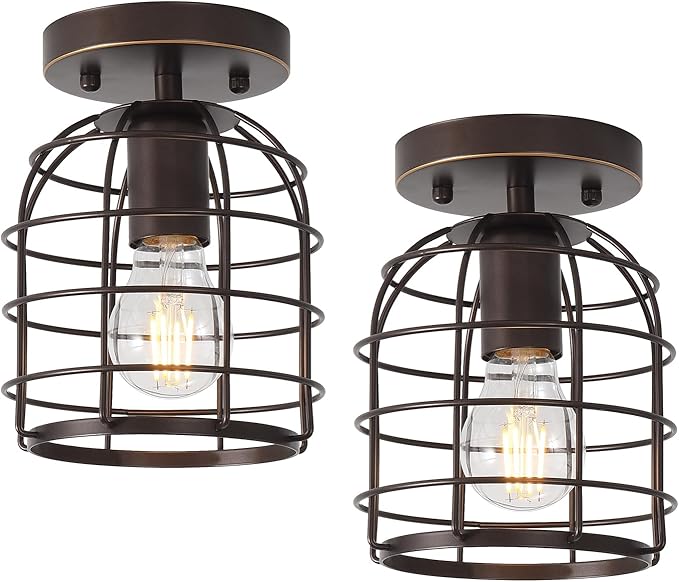 Create For Life® Industrial Vintage Flush Mount Ceiling Light,Rustic Metal Cage Semi Flush Mount Ceiling Lamp Fixture for Hallway Stairway Kitchen Garage, E26, Oil Rubbed Bronze Finish,2 Pack