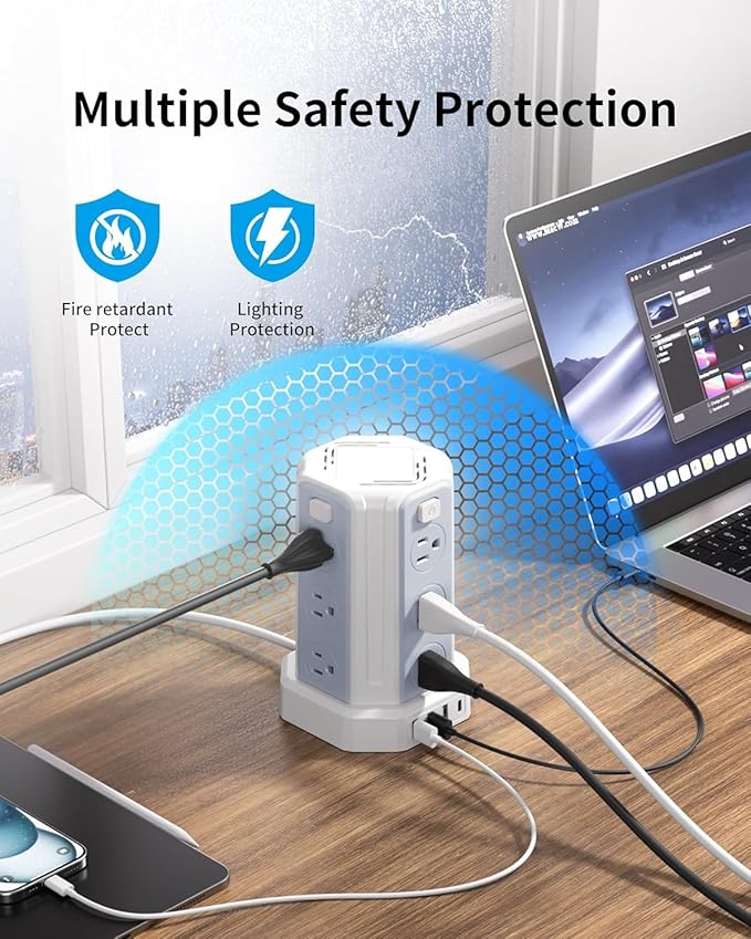 Power Strip Surge Protector, 6.5 Ft Extension Cord with 12 AC Multiple Outlets 4 USB (1 USB C), SMALLRT Power Tower Desktop Charging Station