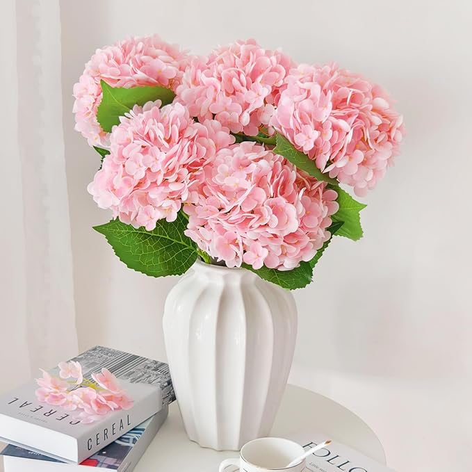 Real Touch Pink Hydrangea Artificial Flowers with Stems, Fake Silk Flowers for Outdoors, 3 Pcs Artificial Flowers for Home Decor Wedding Bouquets Centerpieces Vase