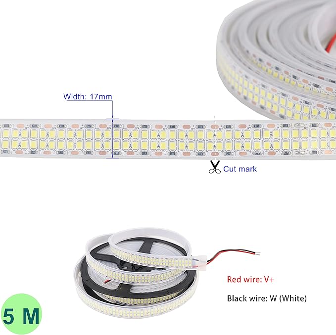 LED Strip Lights Cold White 6500K 16.4ft Double Row 2835 SMD 2400LEDs DC 12V Daylight Bright LED Tape Light Flexible Dimmable Ribbon Lamp 5M Waterproof IP67 Outdoor Lighting Decor