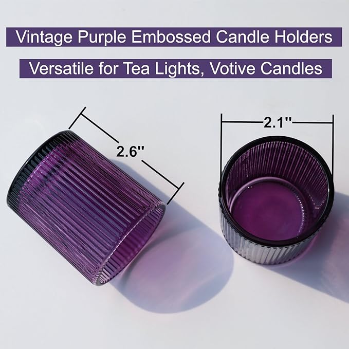 VOHO 12pcs Purple Votive Candle Holders for Christmas Holiday Decorations, Vintage Glass Votive Candle Holder for Coffee Table Centerpiece, Ribbed Tealight Candle Holder for Birthday Gifts
